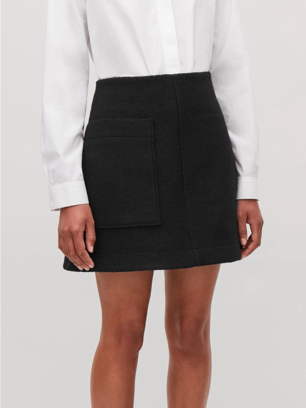 COS Black Wool A-Line Mini Skirt with Front Patch Pocket, Size 2